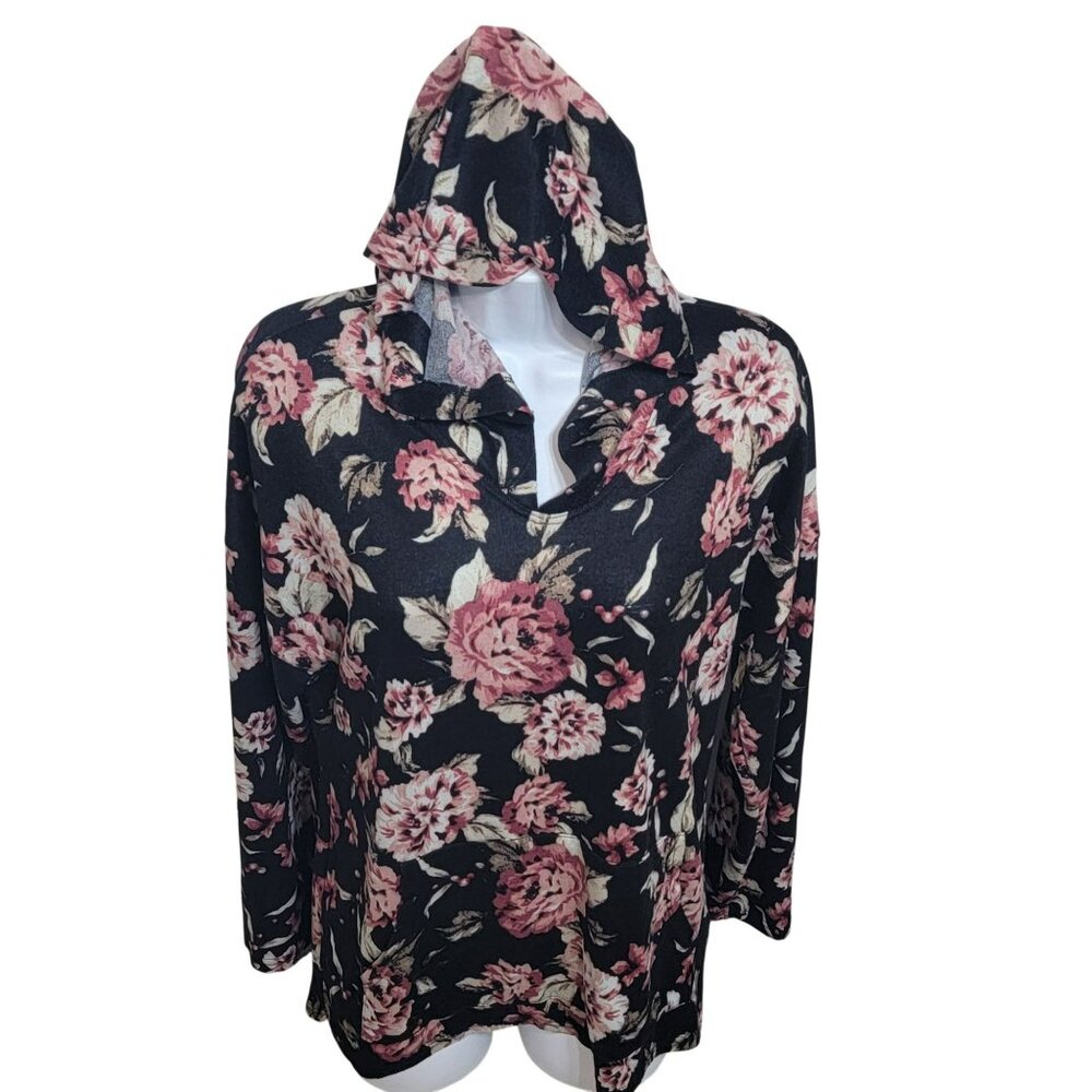 Try! This Knit Top, Women 1X, Black w/Red Floral, Kangaroo Pocket, Hoodie, EUC